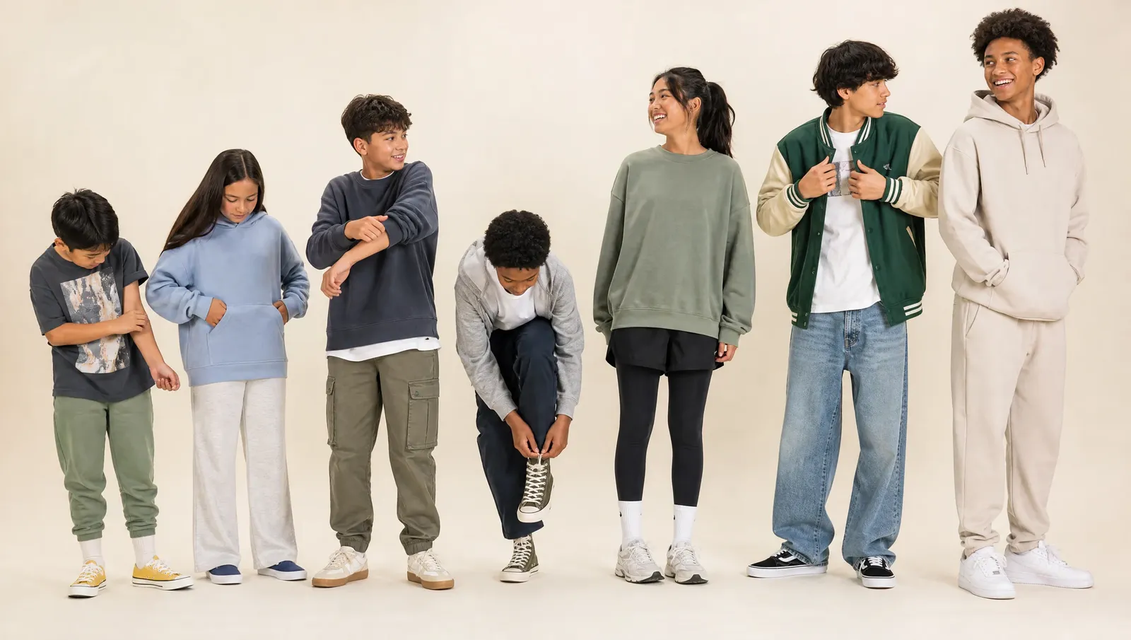 Kids and teens wearing blank T-shirts, hoodies, crewnecks, and casual layers
